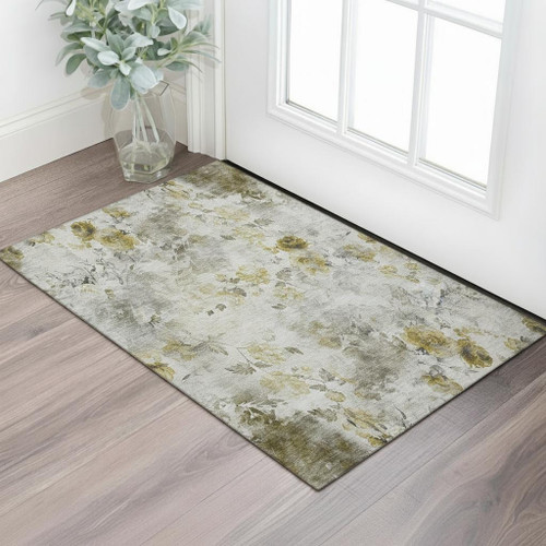 3' X 5' Taupe Gold And Ivory Floral Washable Area Rug With UV Protection