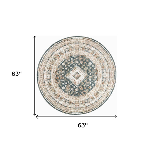 5' Ivory Green And Orange Oriental Non Skid Round Rug