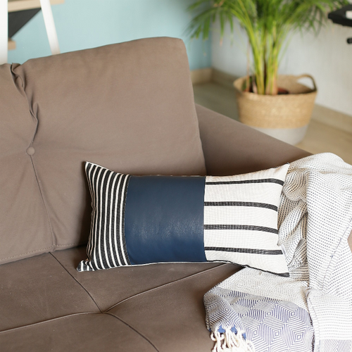 Bohemian Navy Blue Vegan Faux Leather Throw Pillow Covers