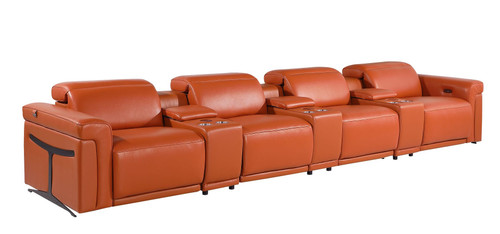 166" Camel Top Grain Leather Reclining Metal USB Sofa