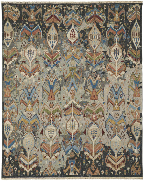 8' X 10' Blue Gray and Brown Wool Ikat Hand Knotted Area Rug With Fringe