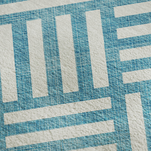 3' X 5' Teal And Ivory Geometric Washable Area Rug With UV Protection