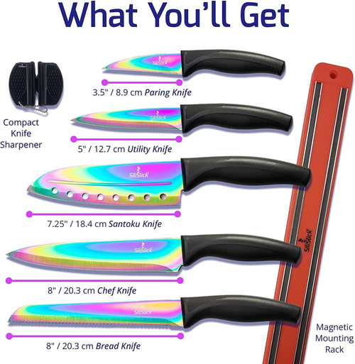 Kitchen Knife Set Kit 5 Professional Grade Iridescent Blade Knives Includes Knife Sharpener & Magnetic Wall Hanger Red Handle with Black Knife Rack