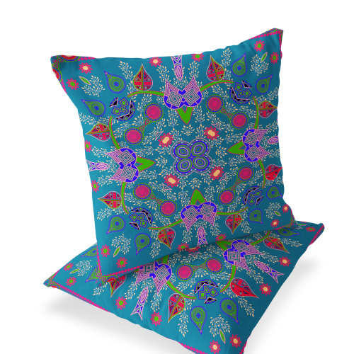 Set of Two Dark Blue Pink And Green Paisley Indoor Outdoor Throw Pillow
