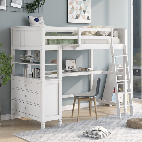 White Slat Solid Wood Twin Loft Bed with Desk and Shelves