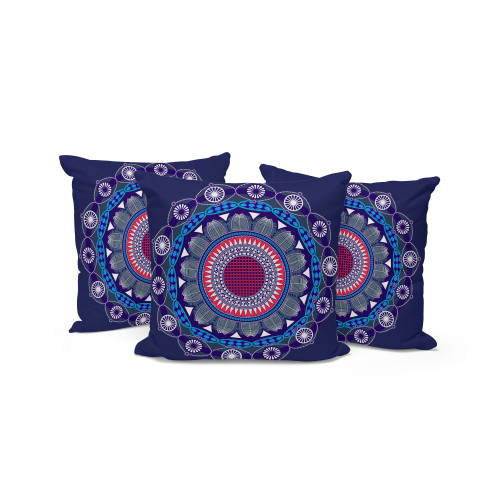 Set of Three Navy Blue Blue Charcoal White And Red Geometric Indoor Outdoor Throw Pillow