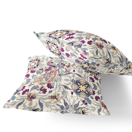 Set of Two Off White And Pink Peacock Indoor Outdoor Throw Pillow