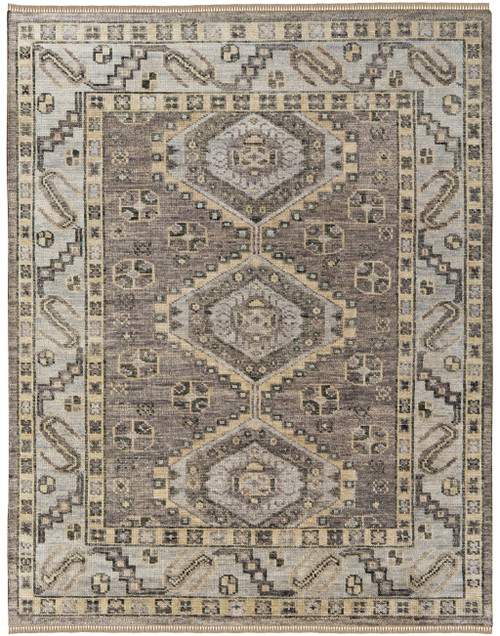 10' X 14' Ivory Gray And Brown Wool Geometric Hand Knotted Area Rug With Fringe