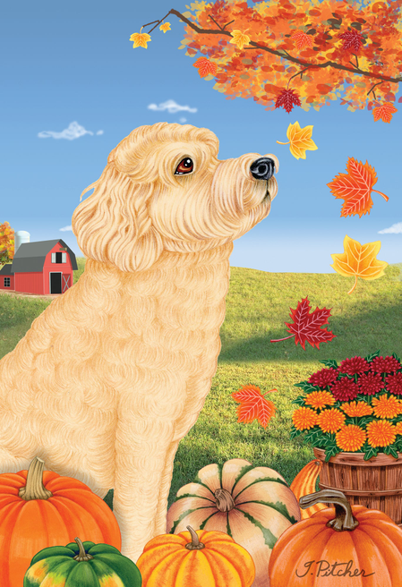 Labradoodle Blonde  -  Tomoyo Pitcher Autumn Leaves Outdoor Flag