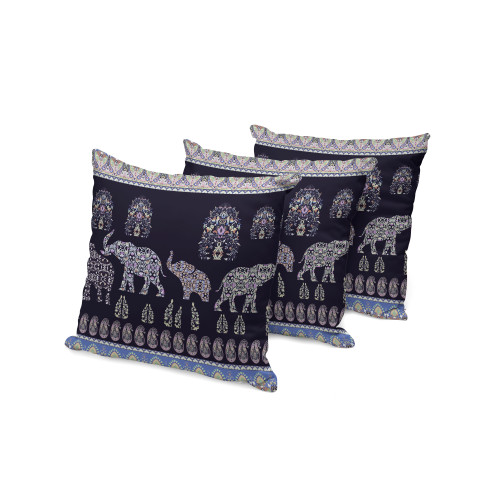 Set of Three Purple And Sky Blue Elephant Paisley Indoor Outdoor Throw Pillow