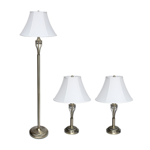 60" Antiqued Brass Metal Floor Lamp Floor and Table Lamp Set With White Fabric Bell Shade