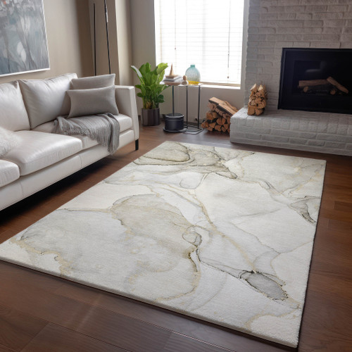 10' X 14' Beige And Ivory Abstract Washable Area Rug With UV Protection