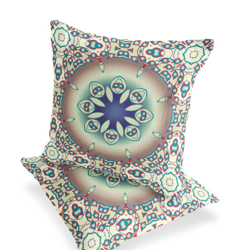 Set of Two Beige And Blue Geometric Indoor Outdoor Throw Pillow