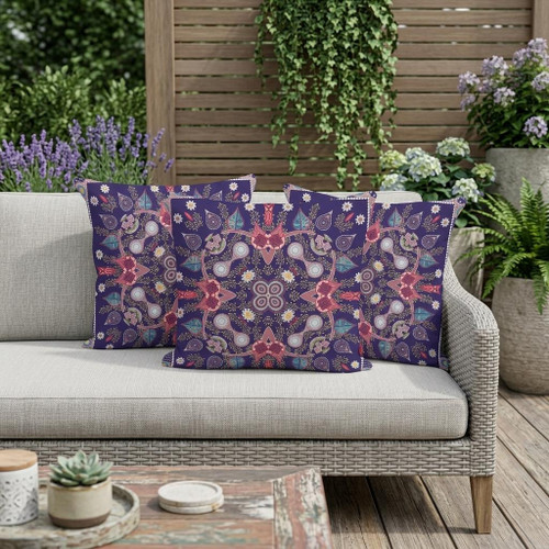 Set of Three Dark Purple And Pink Botanical Indoor Outdoor Throw Pillow