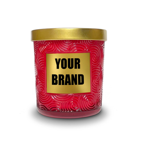 Private Label Candles Red Swirl Cut Pattern, Gold Lids