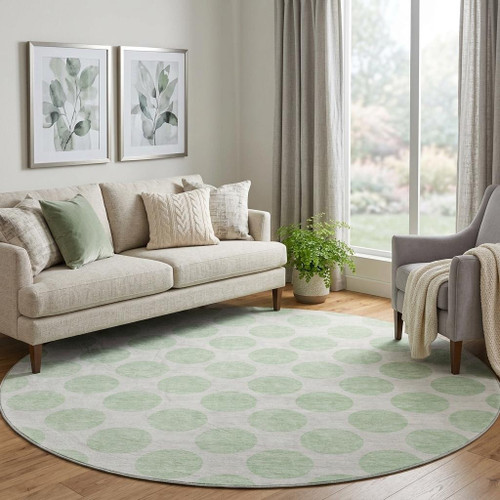 8' Mint Green And Ivory Polka Dot Washable Round Rug With UV Protection