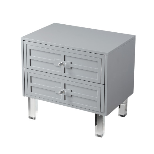 24" Light Gray and Clear Wood End Table With Two Drawers
