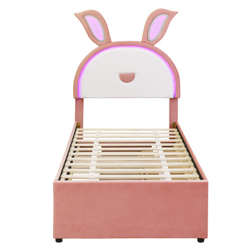 Pink Tufted Upholstered Twin Bed Frame With LED Lighting And Trundle And Drawers