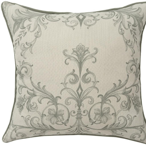 24" Ivory And Green Damask Recycled Poly Linen Throw Pillow Cover