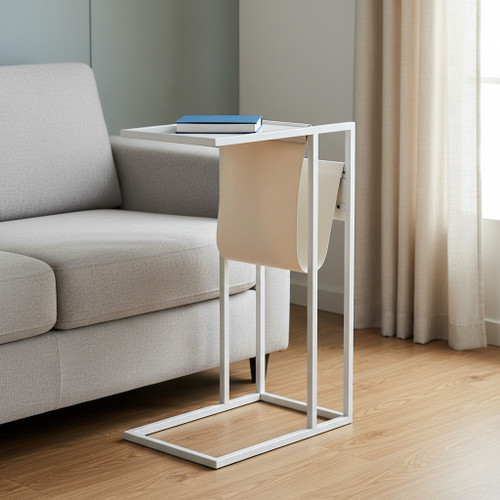 26" White Wood and Iron Frame End Table With Magazine Holder And USB Port