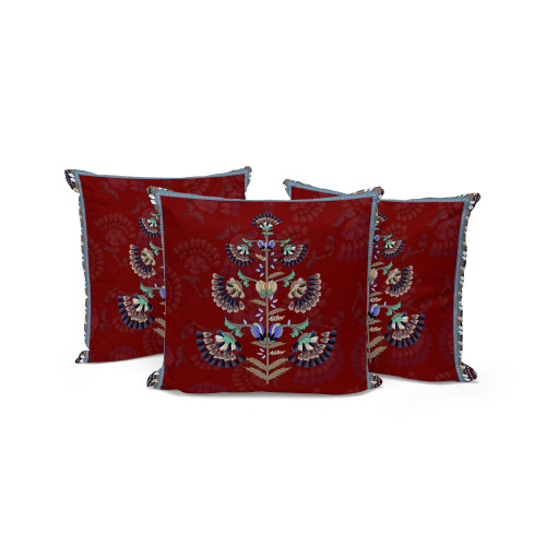 Set of Three Red Olive Green And Charcoal Botanical Indoor Outdoor Throw Pillow