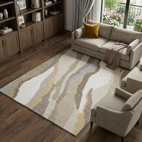 9' X 12' Beige Gold And Taupe Abstract Washable Area Rug With UV Protection