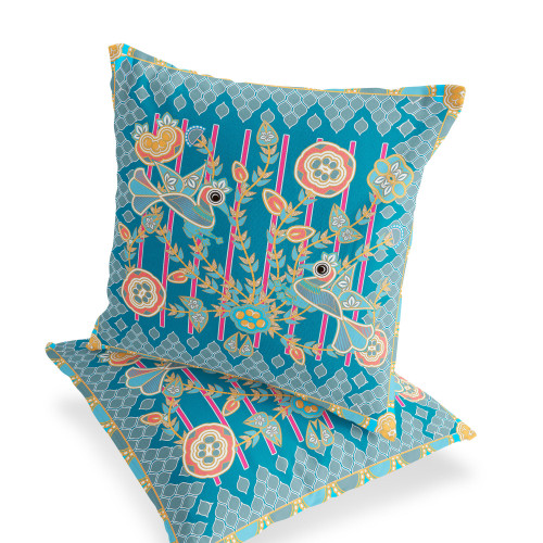 Set of Two Blue Gold Orange And Gray Peacock Indoor Outdoor Throw Pillow