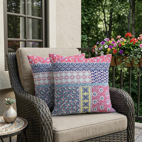 Set of Two Pink And Teal Blue Floral Indoor Outdoor Throw Pillow
