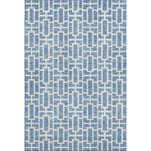 5' X 8' Denim Blue And Ivory Geometric Washable Area Rug With UV Protection