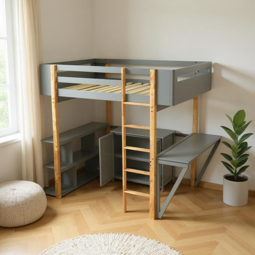 Gray Four Poster Wood Twin Loft Bed With Desk And Drawer And Shelve
