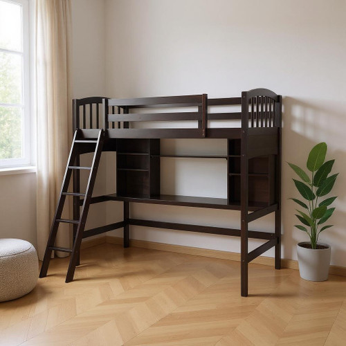Espresso Platform Wood Twin Loft Bed With Desk And Drawer