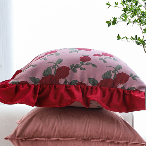 Rose Garden Pillow Covers with Burgundy Ruffle Floral Decorative Cushion Cases for Sofa, BedHome Dcor