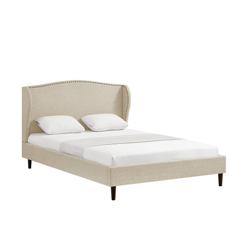 Beige Linen Upholstered Queen Bed Frame With Nailhead Trim