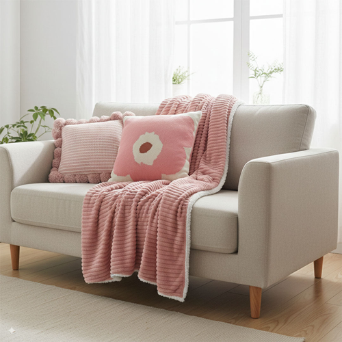 Cozy  Flannel Throw Blanket with Pillow Covers Ribbed PomPomsBlush Bloom Design