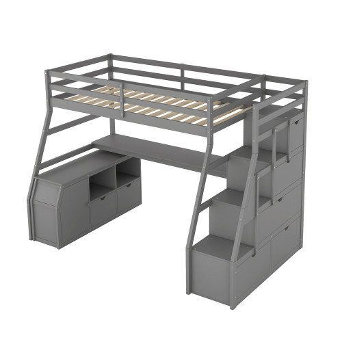 Gray Slat Solid Wood Twin Loft Bed with Stairs and Desk and Shelves