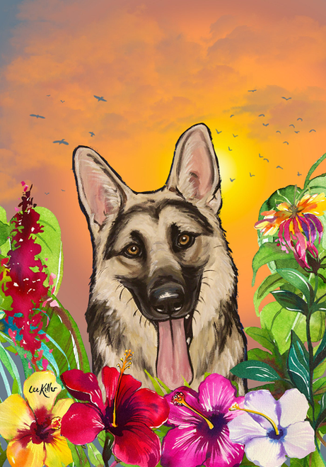 German Shepherd - Hippie Hound Studios Tropical Summer  House and Garden Flags