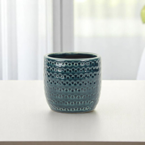 Teal Blue Ceramic 17 Ounce Dotted Round Distressed Pot Planter