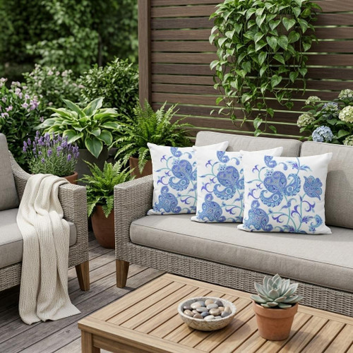 Set of Three Blue Botanical Indoor Outdoor Throw Pillow