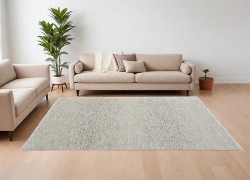 8' X 10' Ivory and Gray Wool Hand Knotted Area Rug With Fringe