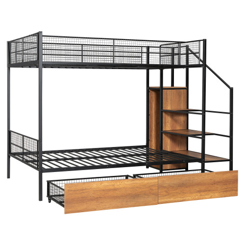 Black Twin Over Full Wood And Metal Bunk Bed With Stairs And Storage