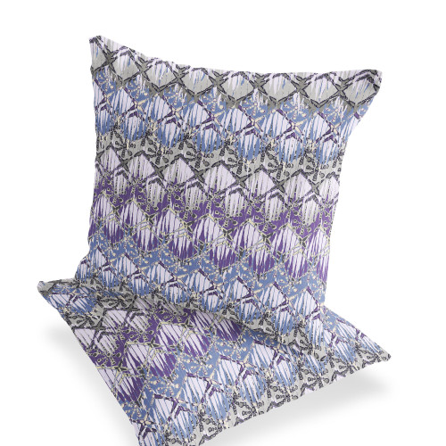 Set of Two Purple Gray And Blue Ikat Indoor Outdoor Throw Pillow