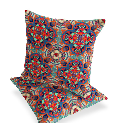 Set of Two Orange Blue And Aqua Floral Indoor Outdoor Throw Pillow