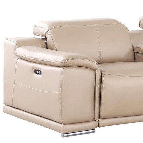 175" Beige Top Grain Leather Reclining USB Sofa And Storage