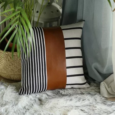 Bohemian Striped Vegan Faux Leather Throw Pillow Covers