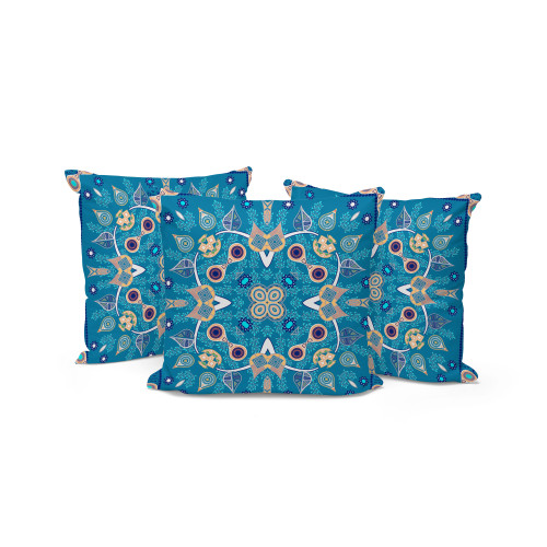 Set of Three Blue Abstract Indoor Outdoor Throw Pillow
