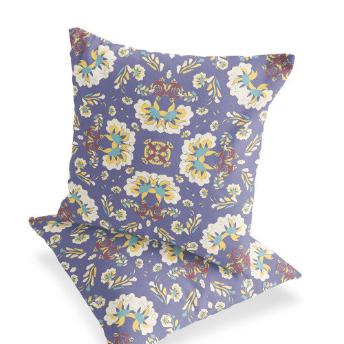 Set of Two Purple Yellow And Off White Floral Indoor Outdoor Throw Pillow
