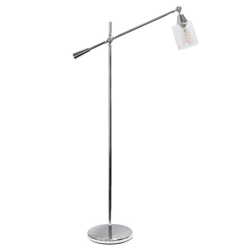 56" Silver Metal Swing Arm Floor Lamp With Clear Glass Cylinder Shade