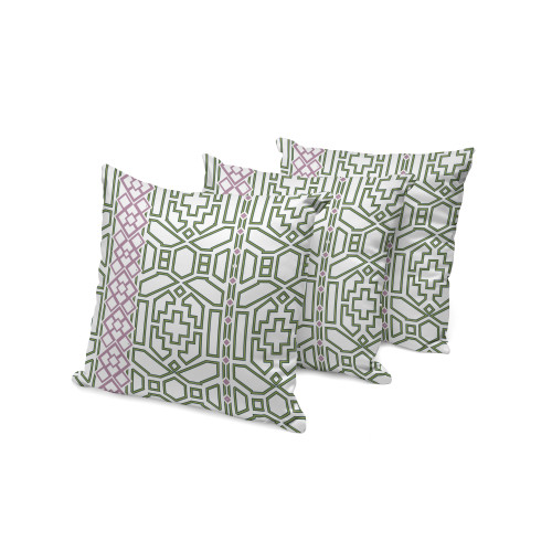 Set of Three White Purple And Light Green Geometric Indoor Outdoor Throw Pillow