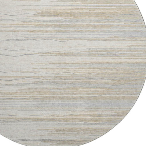 8' Linen Beige And Ivory Striped Washable Round Rug With UV Protection