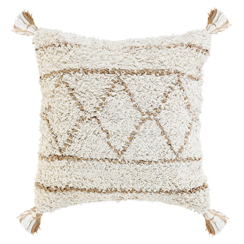 20" Ivory And Beige Geometric Cotton Blend Throw Pillow with Tassels
